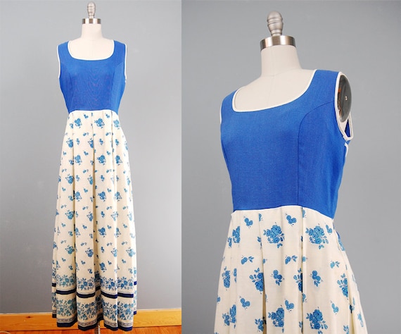 70s maxi dress floral cotton blue country