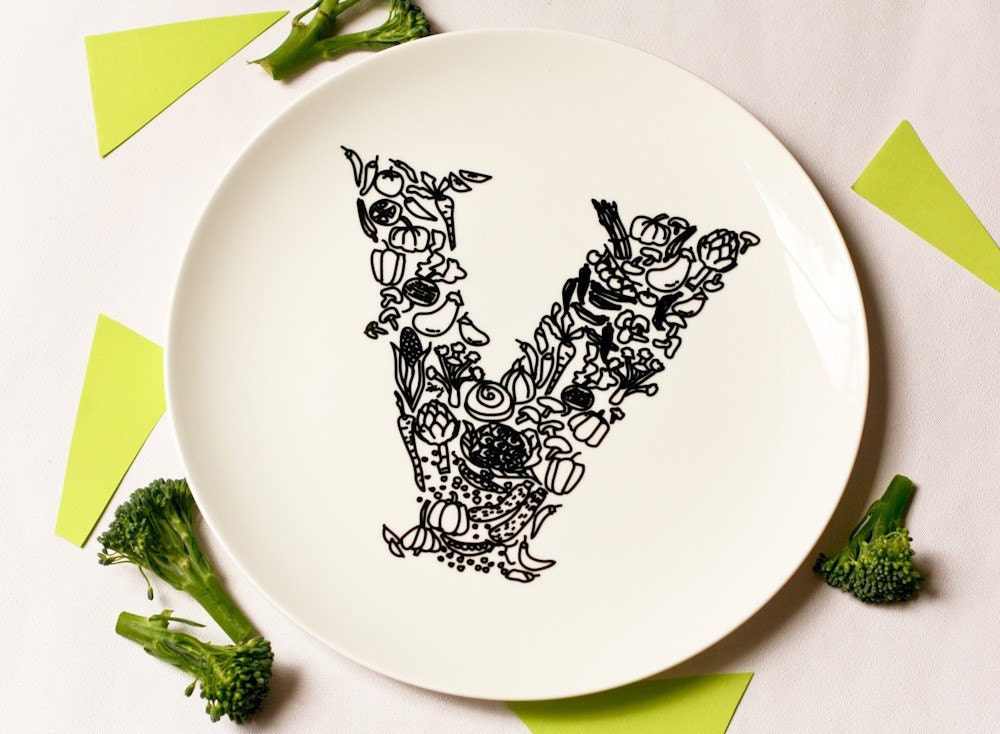 V for Vegetables - Alphabet Ceramic Plate (Black)