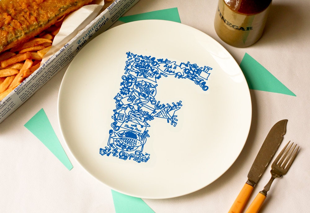 F for Fish and Chips - Alphabet Ceramic Plate (Black)