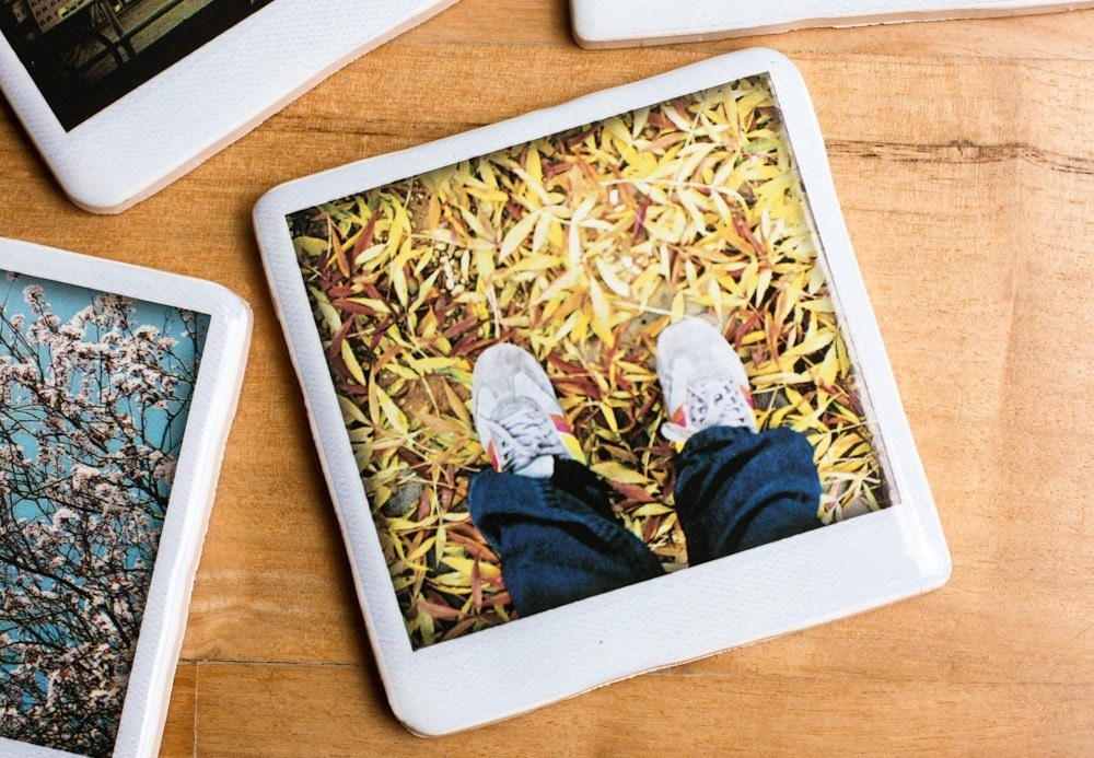 Polaroid Ceramic Coaster - Rainbow shoes and Autumn leaves