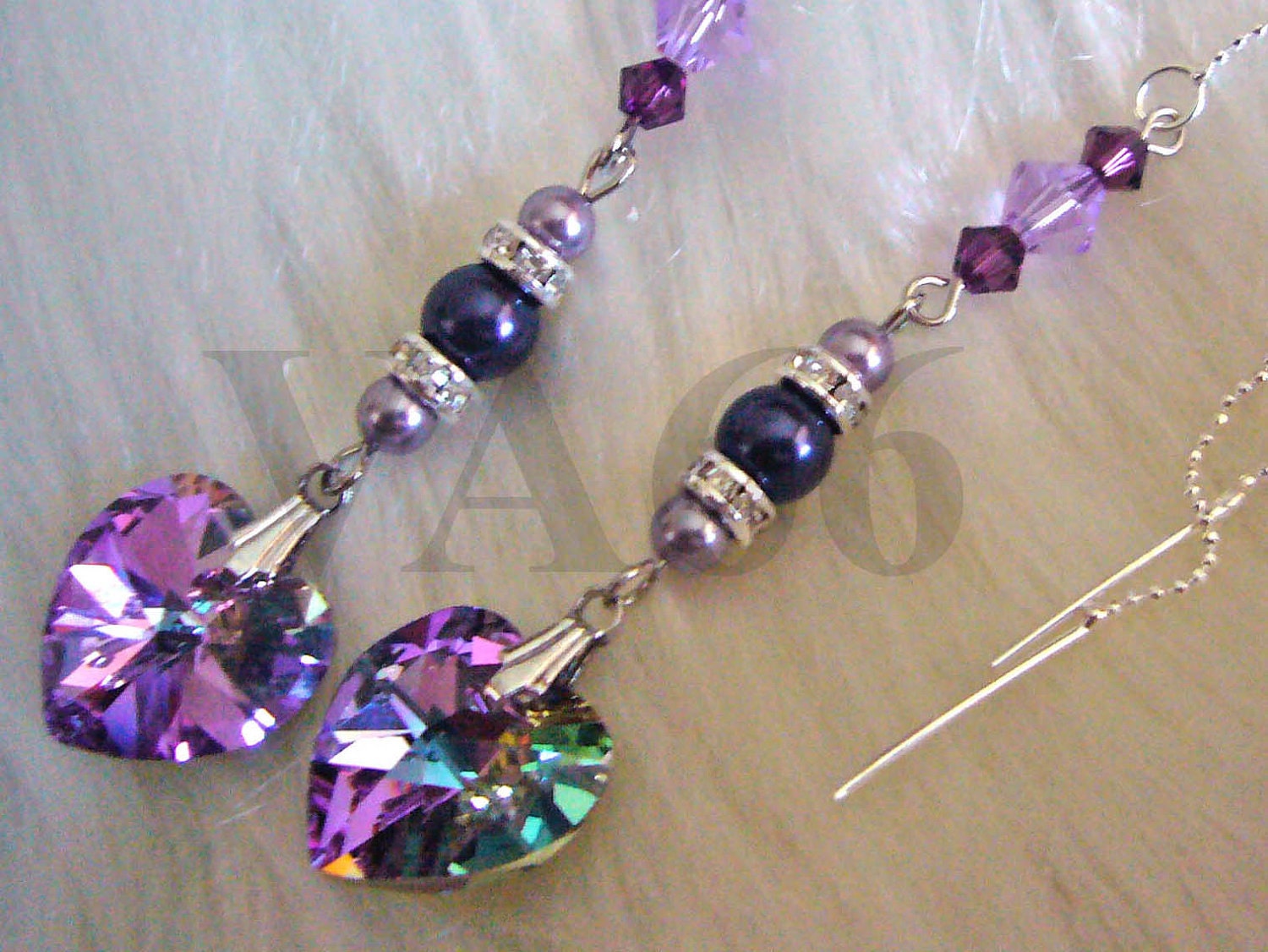 Purple Shades Swarovski Pearl VL 14mm Heart n Bicones Crystal Threader Earrings Choose Color Bride, Bridal Shower, Bridesmaids
