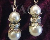 Bridal 8mm n 10mm Pearl Earrings with Clear Flower Rhinestone Separator Swarovski White Pearls Colors Bridesmaids, Flower Girl, Wedding, MOB