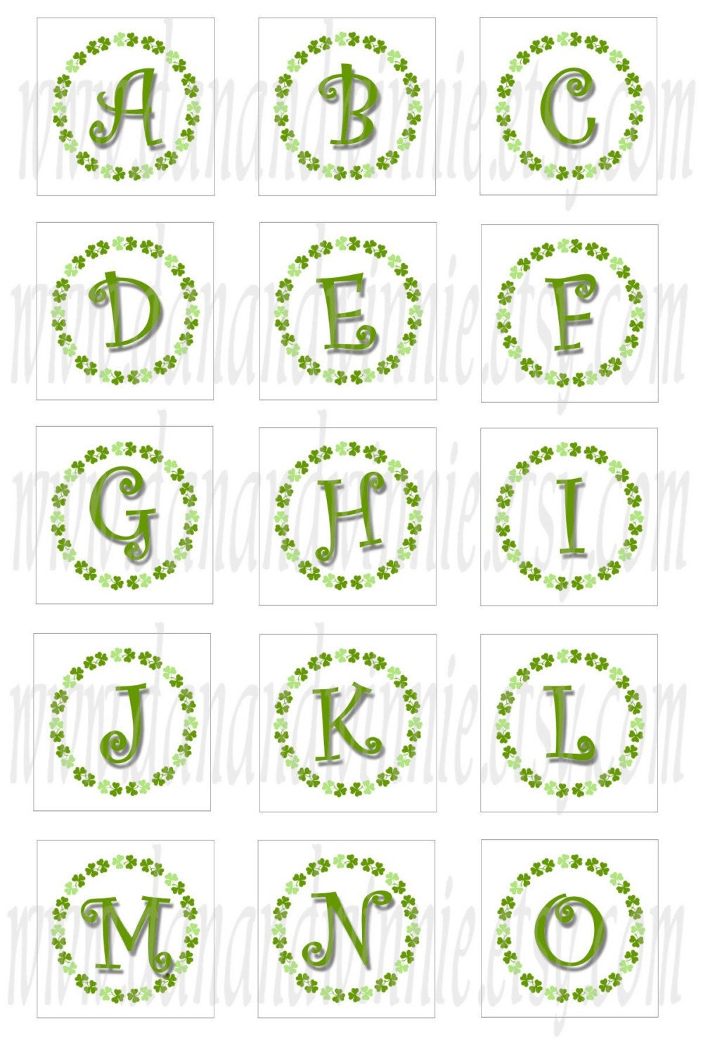IRISH CLOVER ALPHABET 1 inch INCHIES square digital images for tiles, scrapbooking, tags 4X6 digital graphics collage sheet