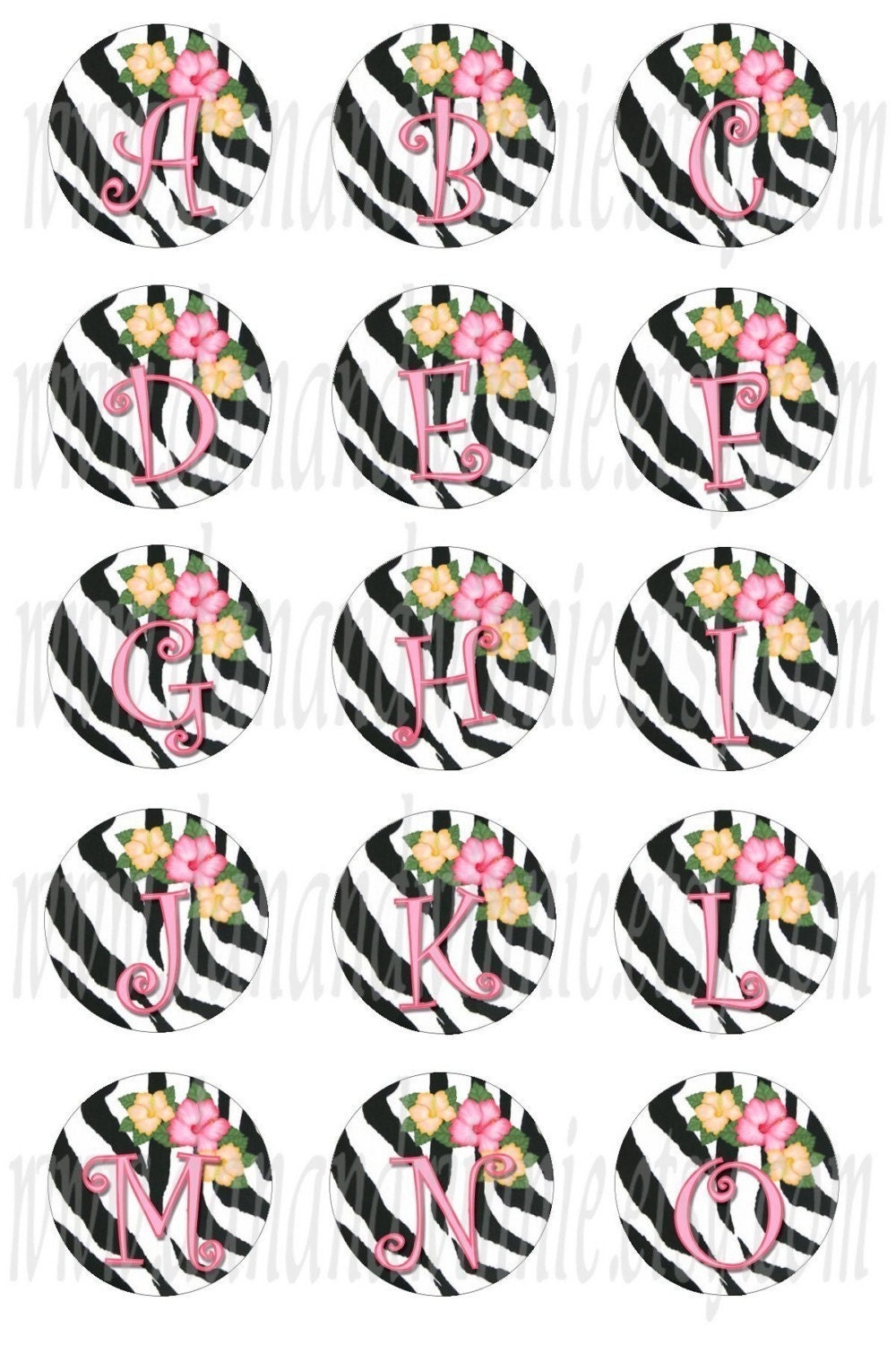TROPICAL-ZEBRA ALPHABET 1 inch round circle digital images for bottle caps, scrapbooking, tags 4X6 digital graphics collage sheet