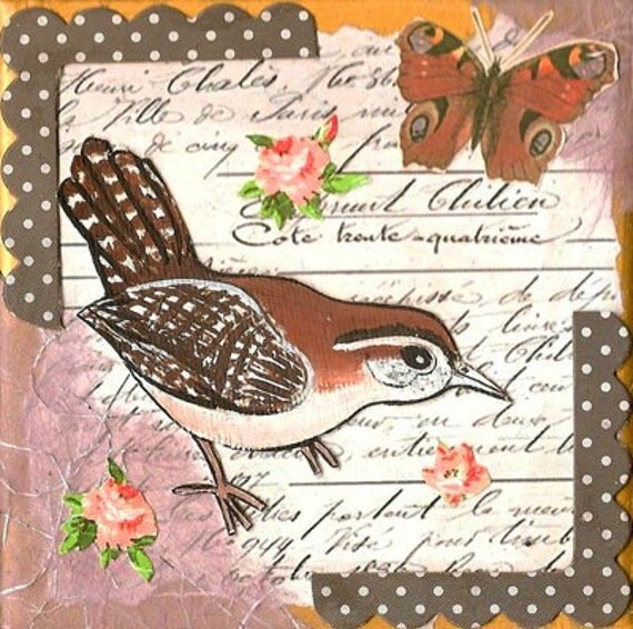 Little Carolina Wren, Bird Collage Original Mixed Media Folk Art on Ceramic Tile wallhanging