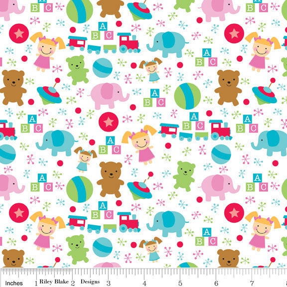 Santa's Workshop Fabric RB Christmas Holiday Tiny Toys Dolls Train Animals on White