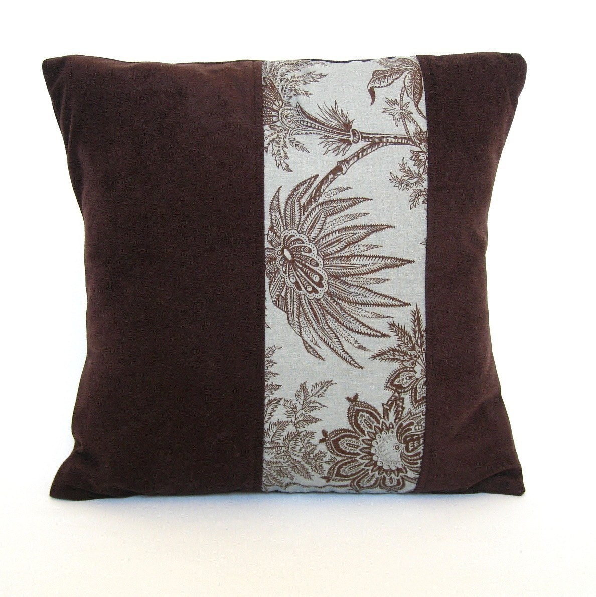 Chocolate Brown Floral on Turquoise Blue  Decorative Pillow Cover 16 x 16 inches