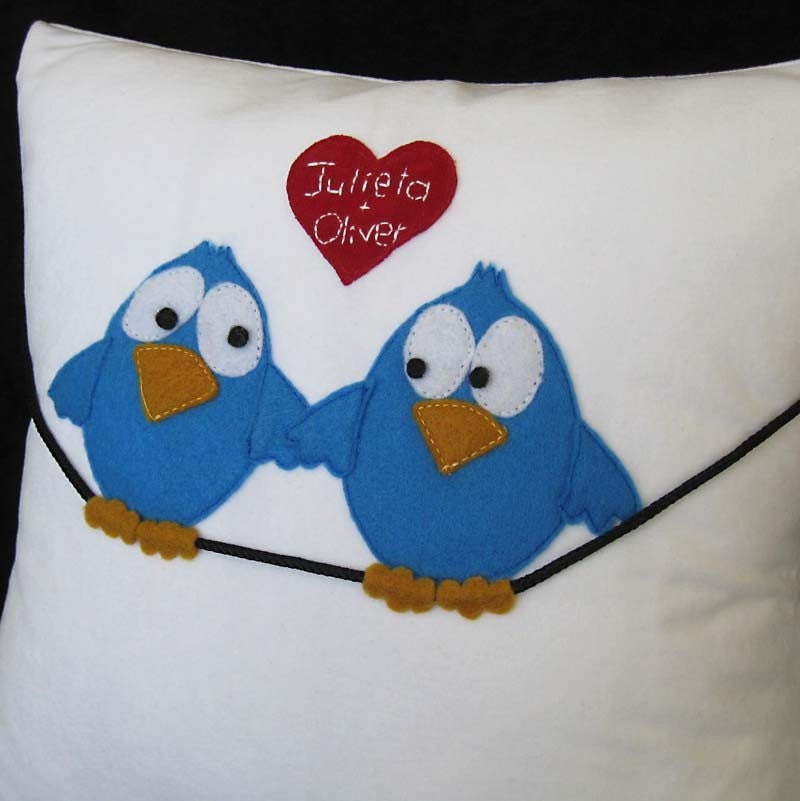 Whimsical Love Birds on a Wire Decorative Pillow. FREE Personalization Available.