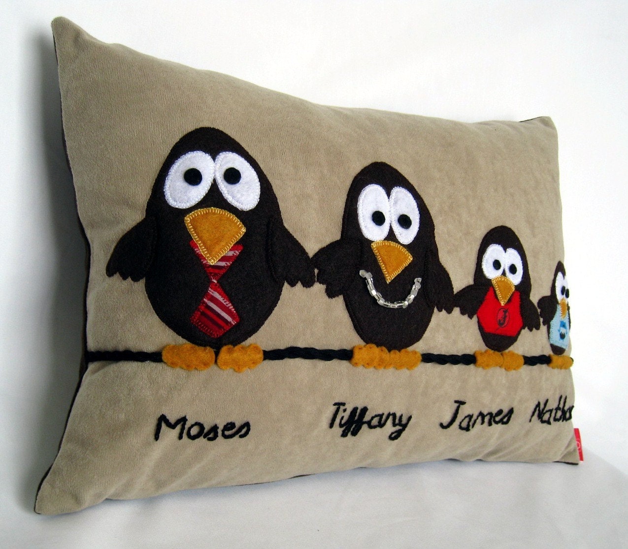 Whimsical Birds on a Wire - Personalized Family Beige Pillow