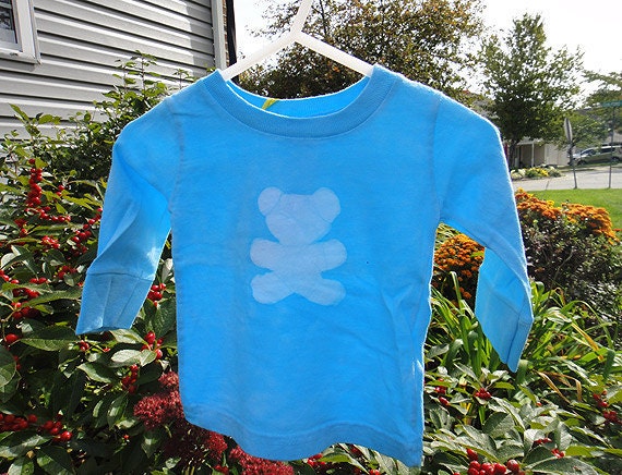 Baby T-Shirt: Turquoise Blue with Batik Teddy Bear, Long Sleeves (6 months) Ready to Ship