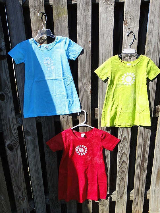 Toddler Girls Dress: Blue with Batik Flower Garden, Short Sleeves (2T) READY TO SHIP