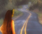 Sunflower Girl Walking on Winding Road - Impressionistic landscape archival photographic print- 5"x7" limited edition print