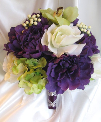 Wedding bouquet Bridal flowers PURPLE GREEN ORCHID 10 pc package Bridesmaids boutonnieres Corsages
