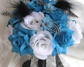 Wedding bouquet Bridal Silk flowers TURQUOISE BLACK WHITE Feathers 17 pc package Bridesmaids boutonnieres Corsages