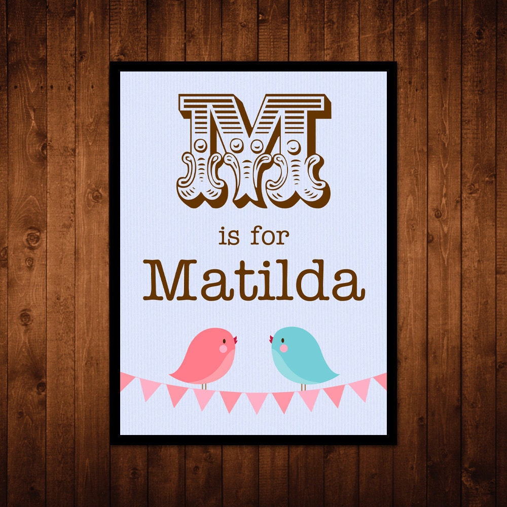 8x10 Custom Name Wall Art Print - birds & bunting