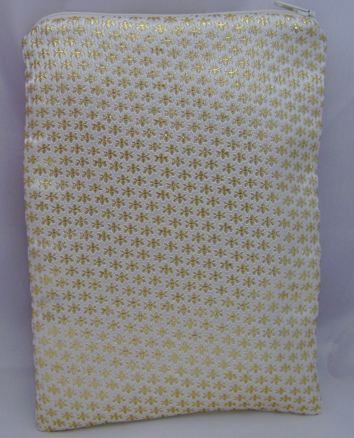 Brocade Tarot Bag White with Tiny Gold Flowers with Gold Satin Lining and Zipper Dice Makeup