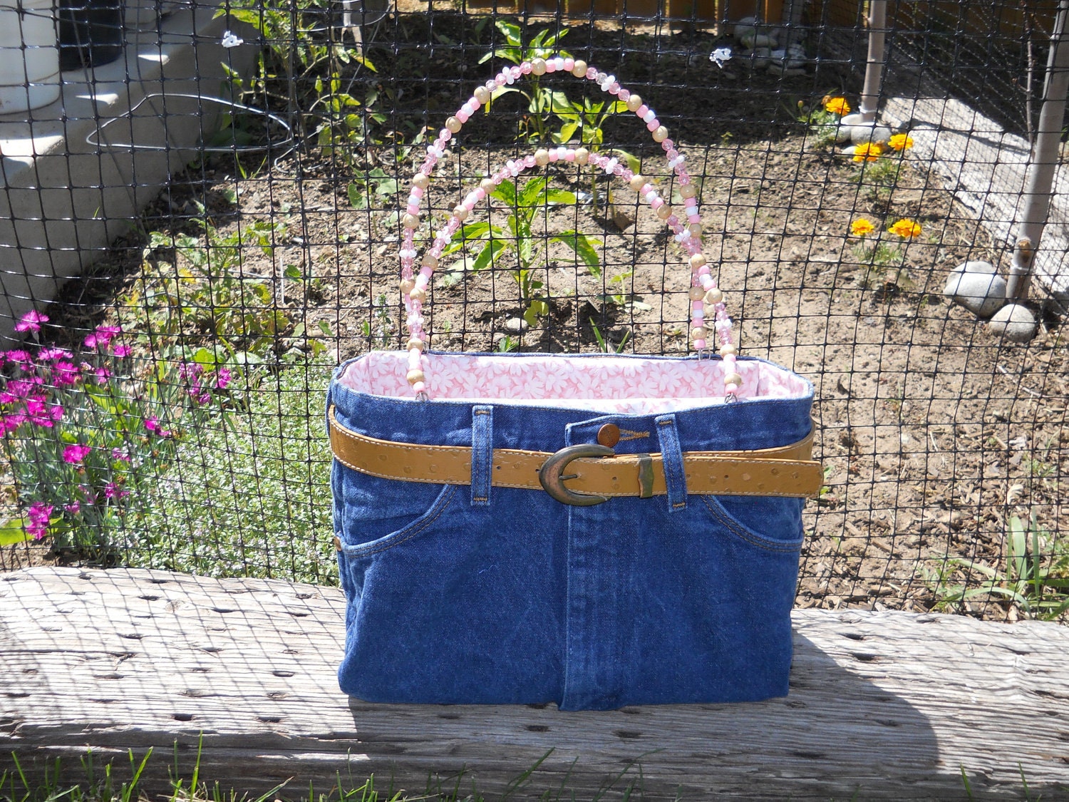 Handmade Denim Purse Lined w Light Pink Fabric and White Daisies