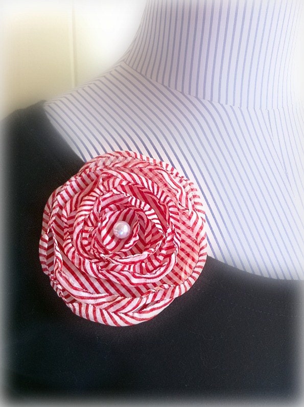 Red and White Pin Stripe Flower Pin, Candy Stripe, Valentines Day Brooch, Classic and Retro