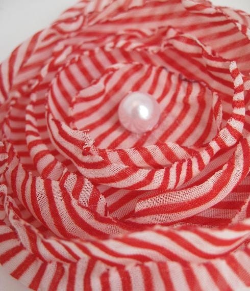Red and White Pin Stripe Flower Pin, Candy Stripe, Valentines Day Brooch, Classic and Retro