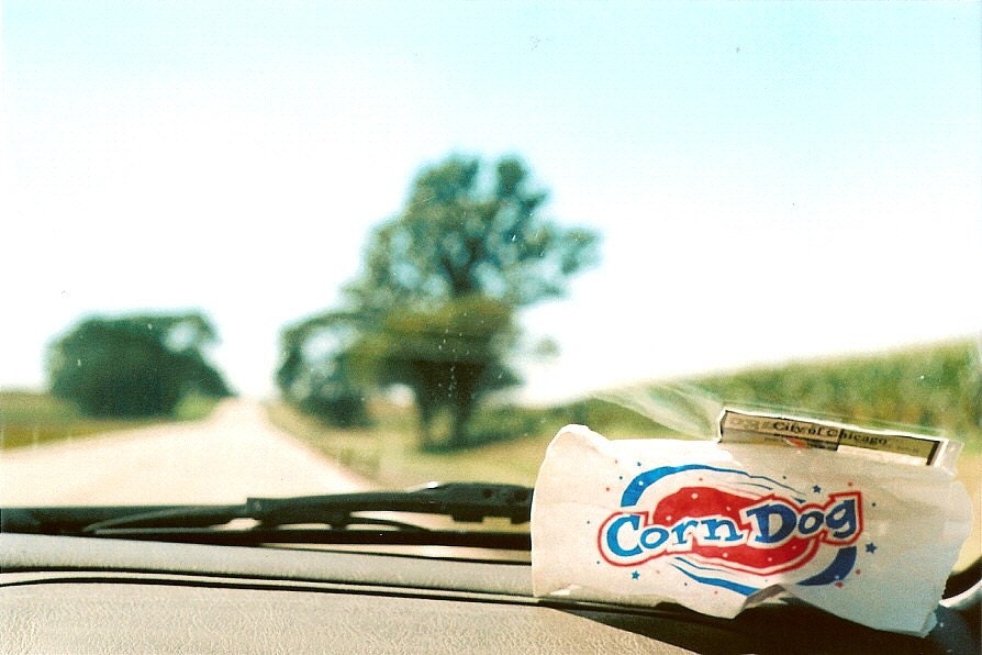 travel photography, "Road Trip", country road, americana, corndog, photo, 5x7 Matted 35mm Print, red, white and blue, driving, car