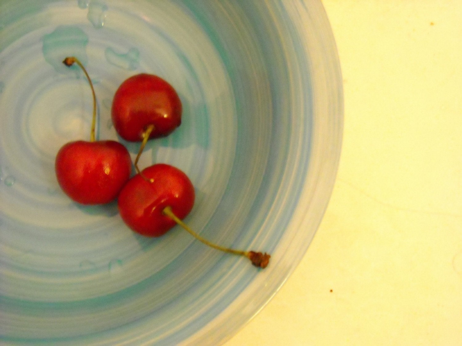 food photography, fruit, cherries photo, kitchen photography, BOWL OF CHERRIES, aqua, red, buttercup, pale yellow, art, shabby chic - 5x7