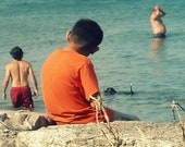 Chicago Photography, cottage, Berger Park, swimming, boy, Lake Michigan, orange, aqua, seagreen, 8x12, summer, boys - "Good Day for a Swim"