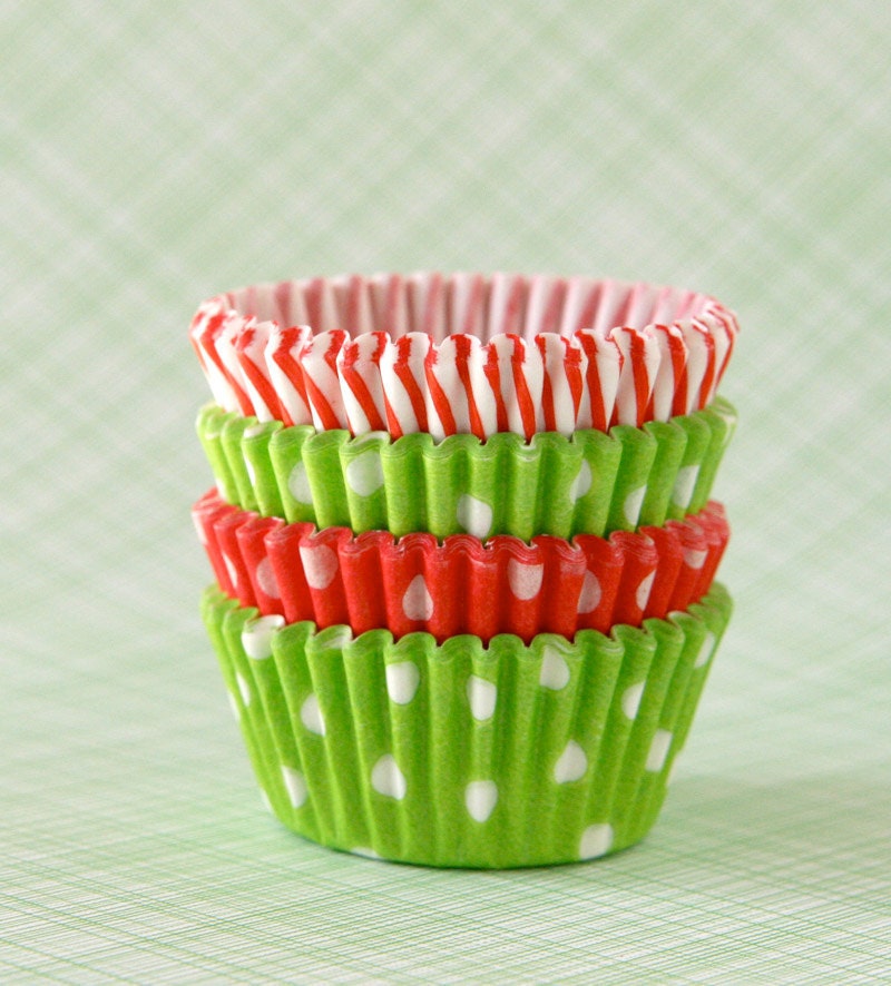 MINI Christmas Mix Cupcake Liners Baking Cups - Lime and Red - Polka Dot and Stripes (60) Il_570xn