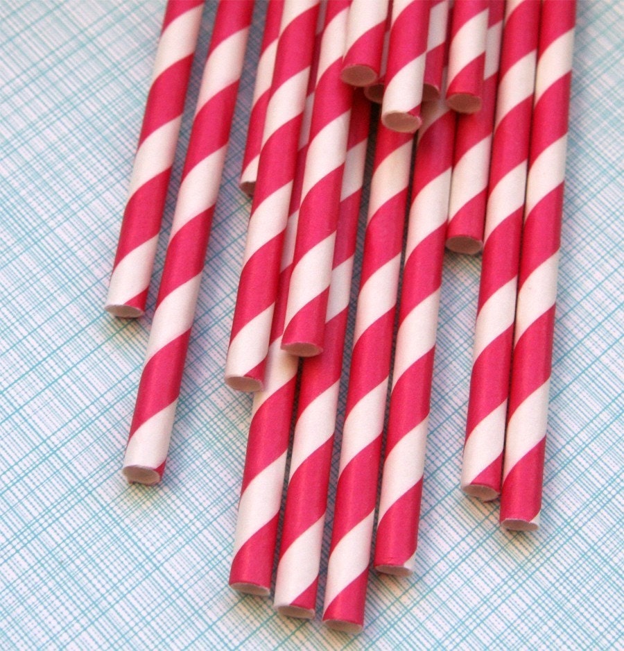 Hot Pink Striped Paper Straws with DIY Flags (50)