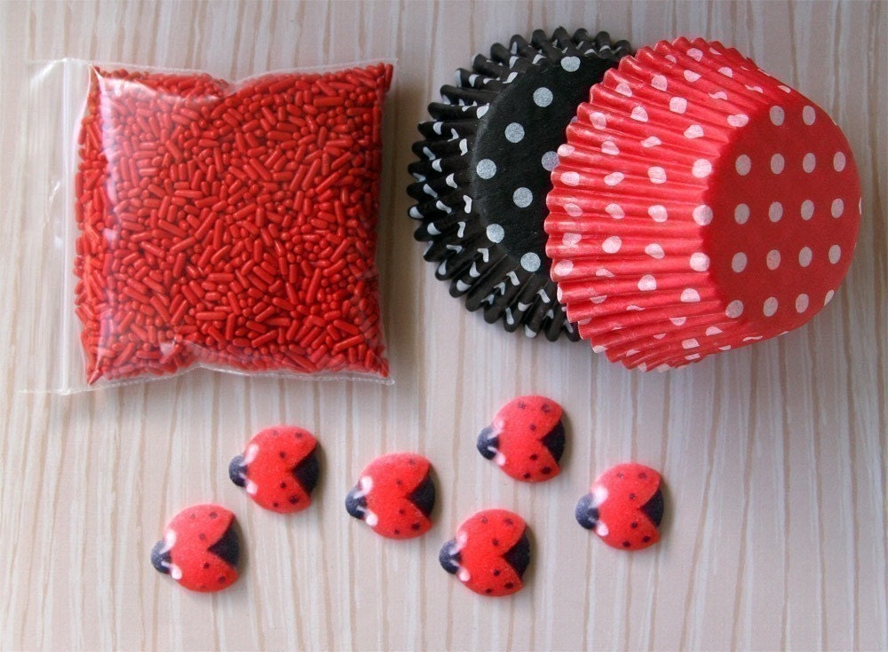Ladybug Cupcake Kit - Cupcake Liners, Sprinkles and Toppers - for 24 Cupcakes