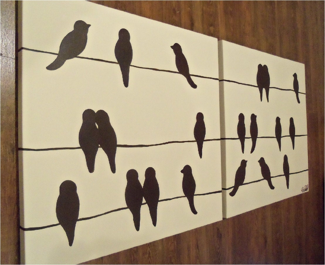 HUGE 30x60 cream and espresso birds on a wire- 2 canvas piece-  IMMEDIATE SHIPMENT