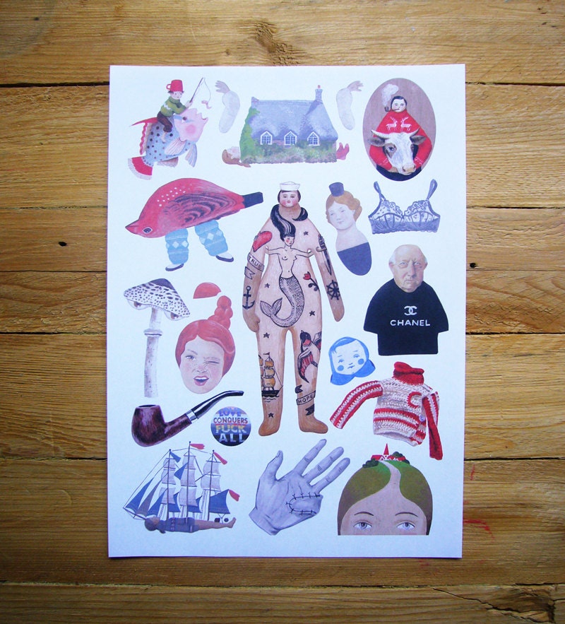 Art stickers -- a page of strange beings and objects