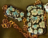 Long Necklace Hand Painted Cloisonne Necklace "Haute Hippie in Blue Cherry Blossoms" Aqua White Black Enamel Rectangle Intricate Gold Chain