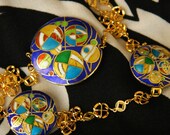 Multicolored Cloisonne Necklace "Haute Hippie in Geometric Art Deco" Royal Blue Yellow Red Mondrian Enamel Discs on Gold Chain