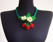 wild forest strawberries, statement necklace, strand necklace, eco friendly, felt fiber summer necklace