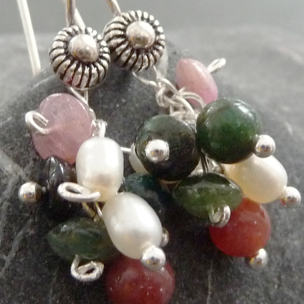 Gemstone and Pearl Cluster Sterling Silver Earrings