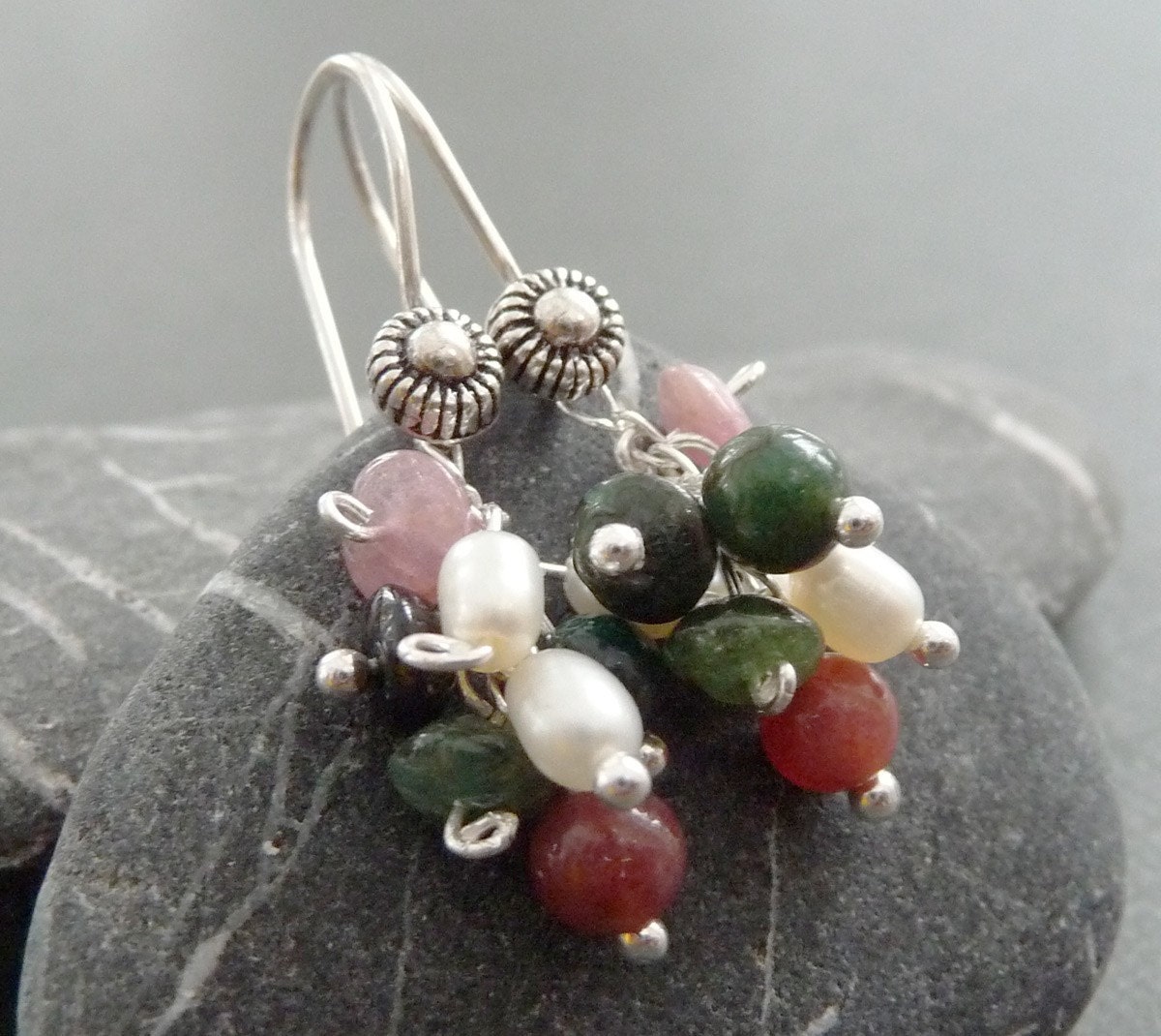 Gemstone and Pearl Cluster Sterling Silver Earrings