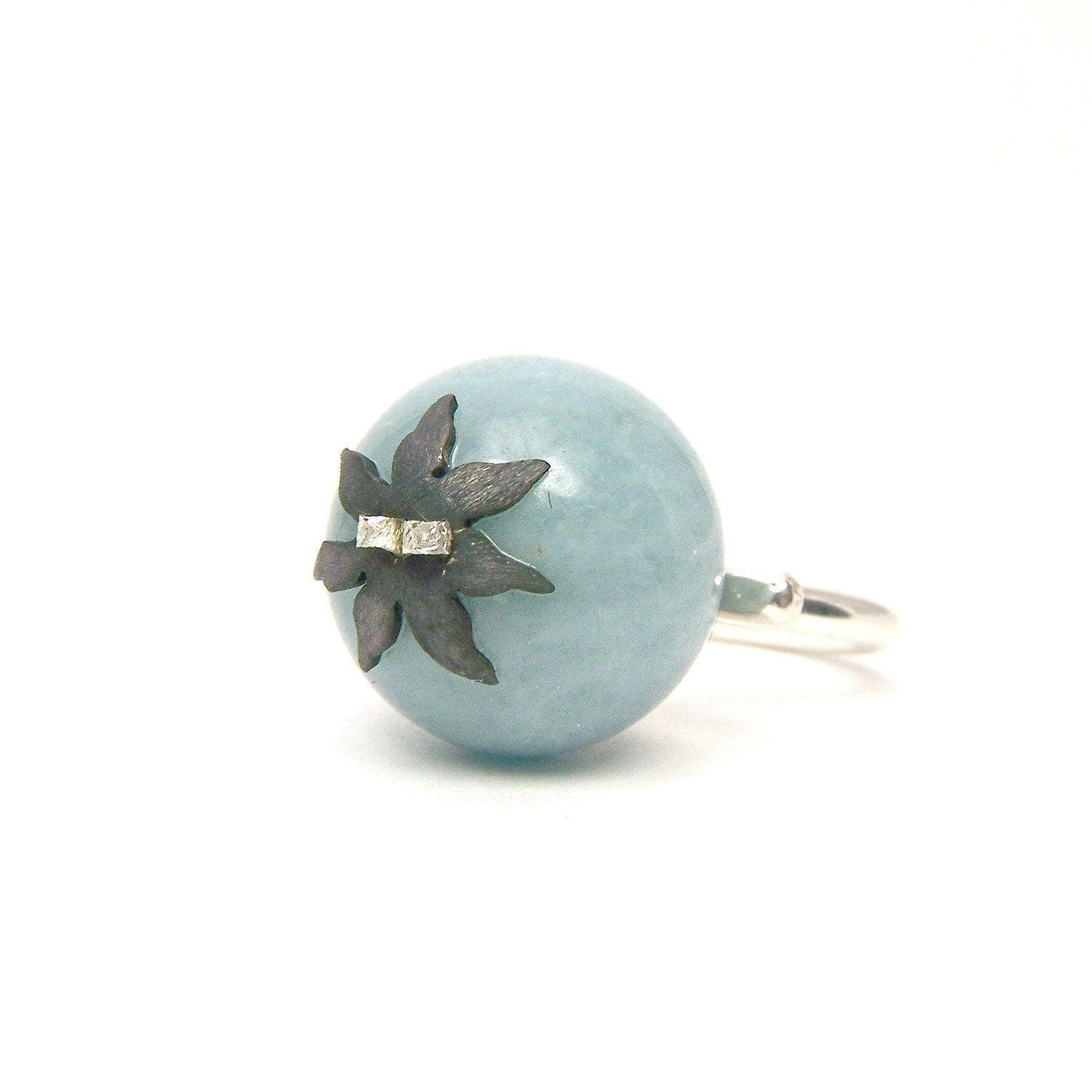 Fun Silver Ring Big Round Blue Quartz  - Bubbly Blue