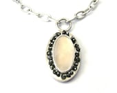 Silver Milky Agate Black Diamond Pendant - Antique Oval
