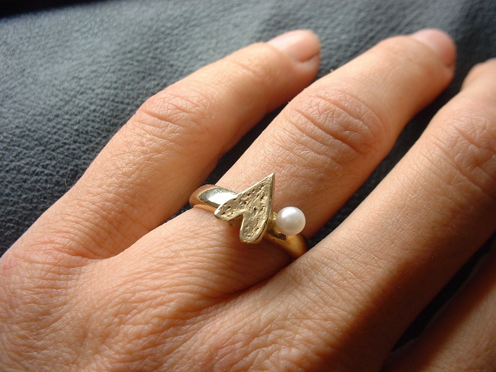 14K Yellow Gold Heart Pearl Love Ring - Heart and Pearl