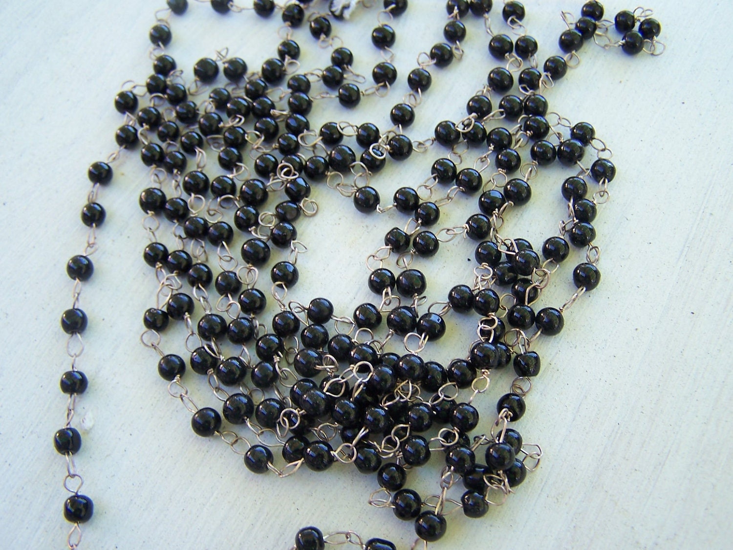 Vintage Rosary Chain glass beads  Jet Black 40 inches