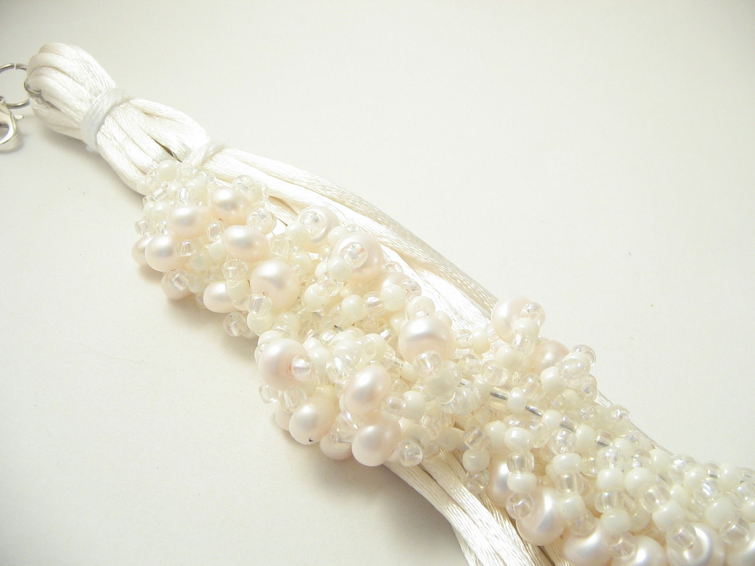 White Wedding Beaded Purse Tassel with Pearls