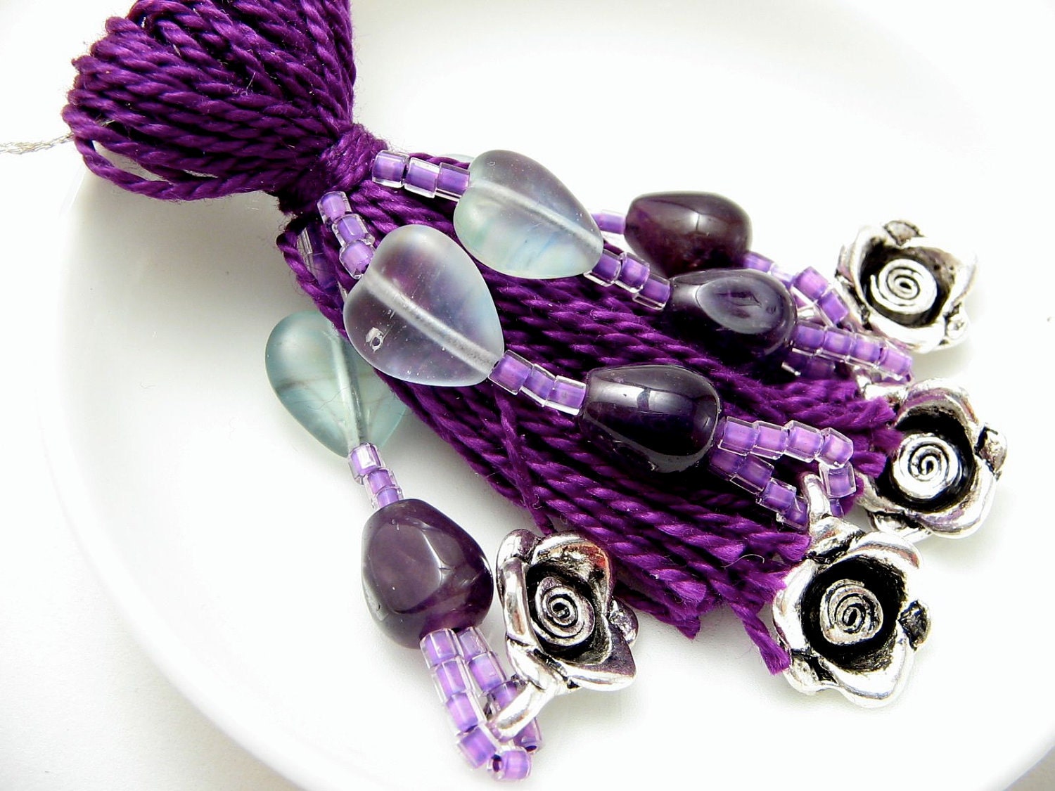 Purple Valentine's Day Ornament Decoration: Tassel with Amethyst Beads and Silver Roses