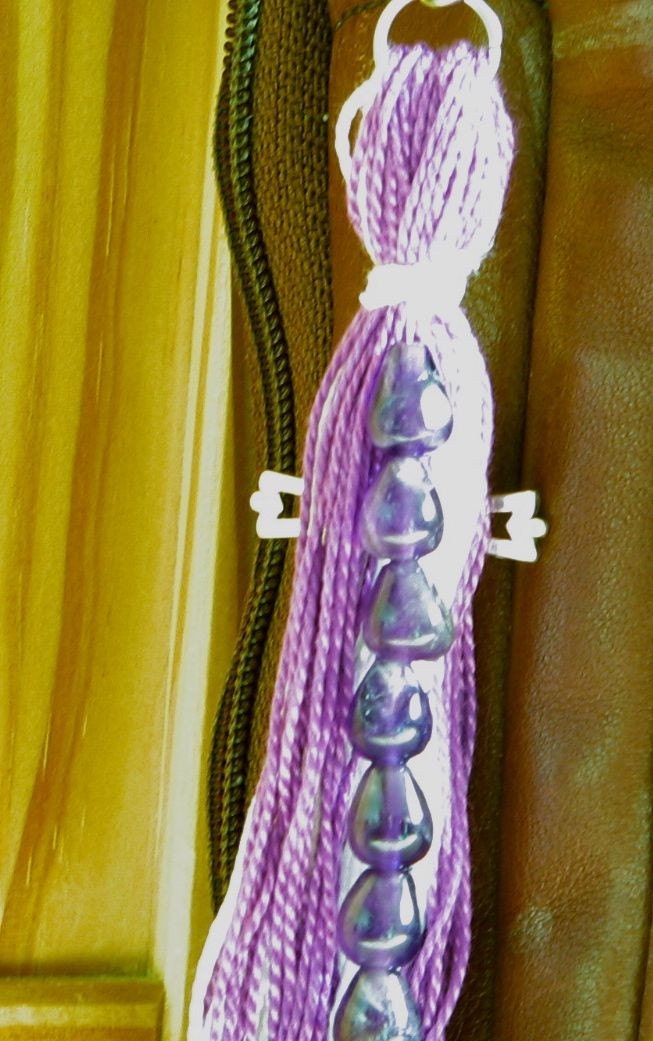 Purple and White Easter Beaded Purse Tassel or Charm with Sterling Silver Cross