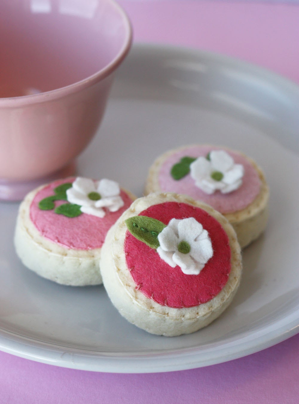 SALE Felt Tea Sugar Cookie Magnet Set Watermelon Pinks And White Lilac Blossoms