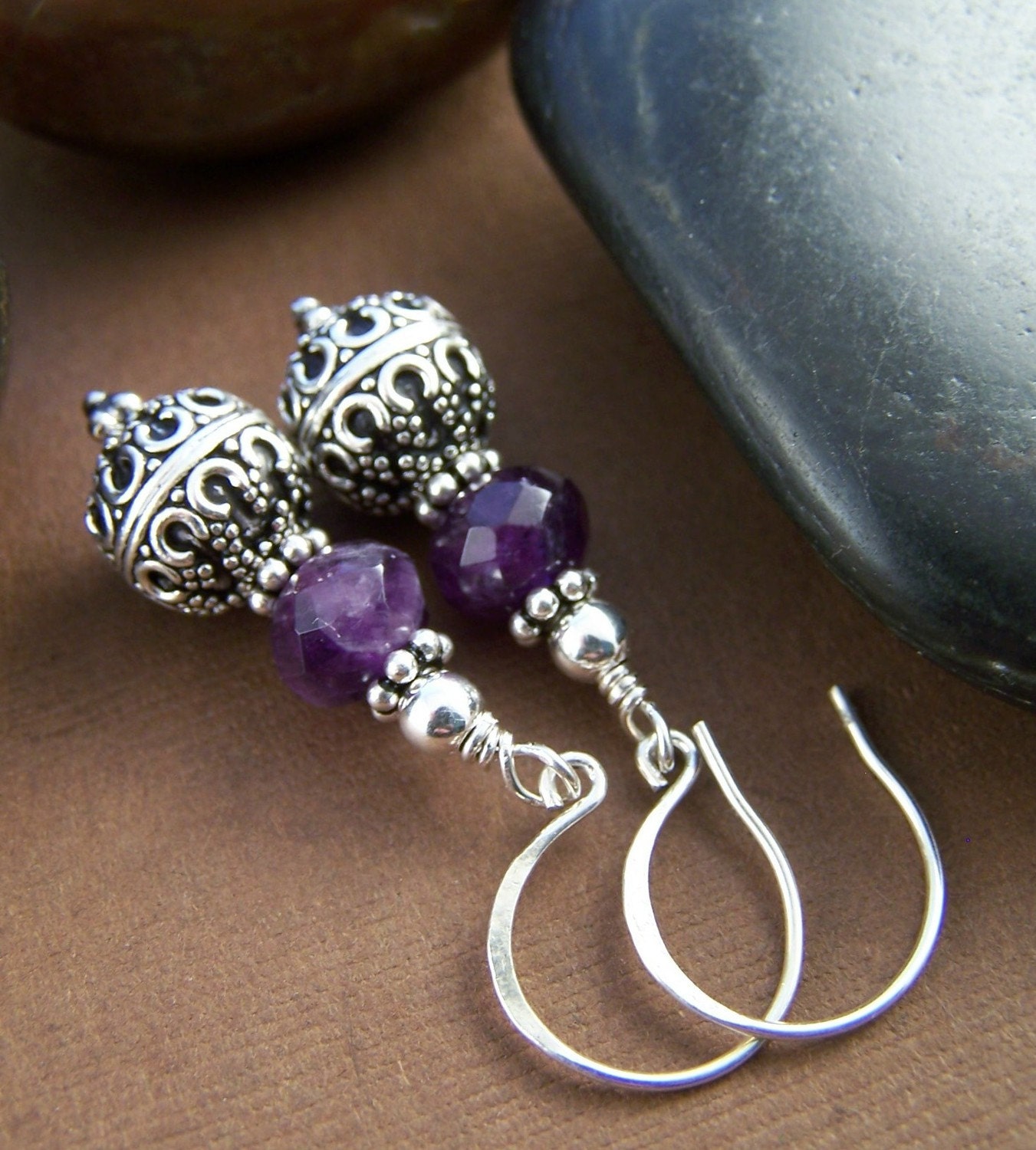Amy Earrings - Balinese Sterling Silver and Amethyst Beaded Earrings