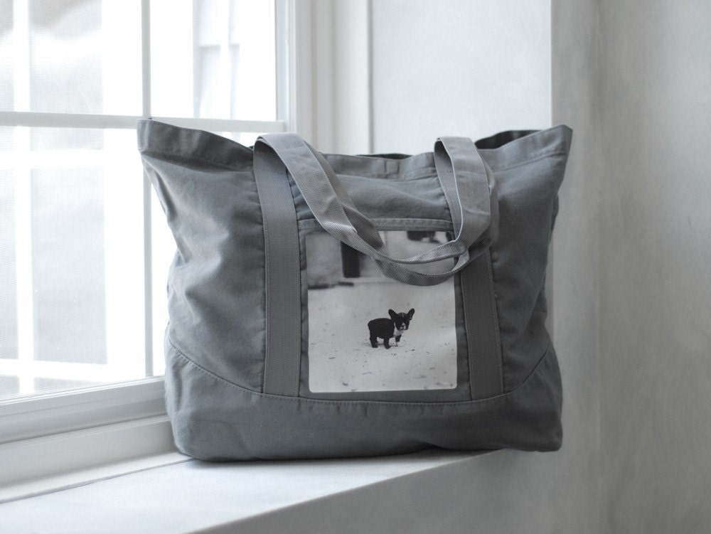 French Bulldog Tote - Vintage Photo on a LARGE Cotton Canvas Bag - Smoke Gray
