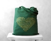 SALE - LOVE Languages Tote Bag - Gold on Forest Green - Canvas Bag - Woodland Wedding Colors- Bridesmaid Gifts - Heart