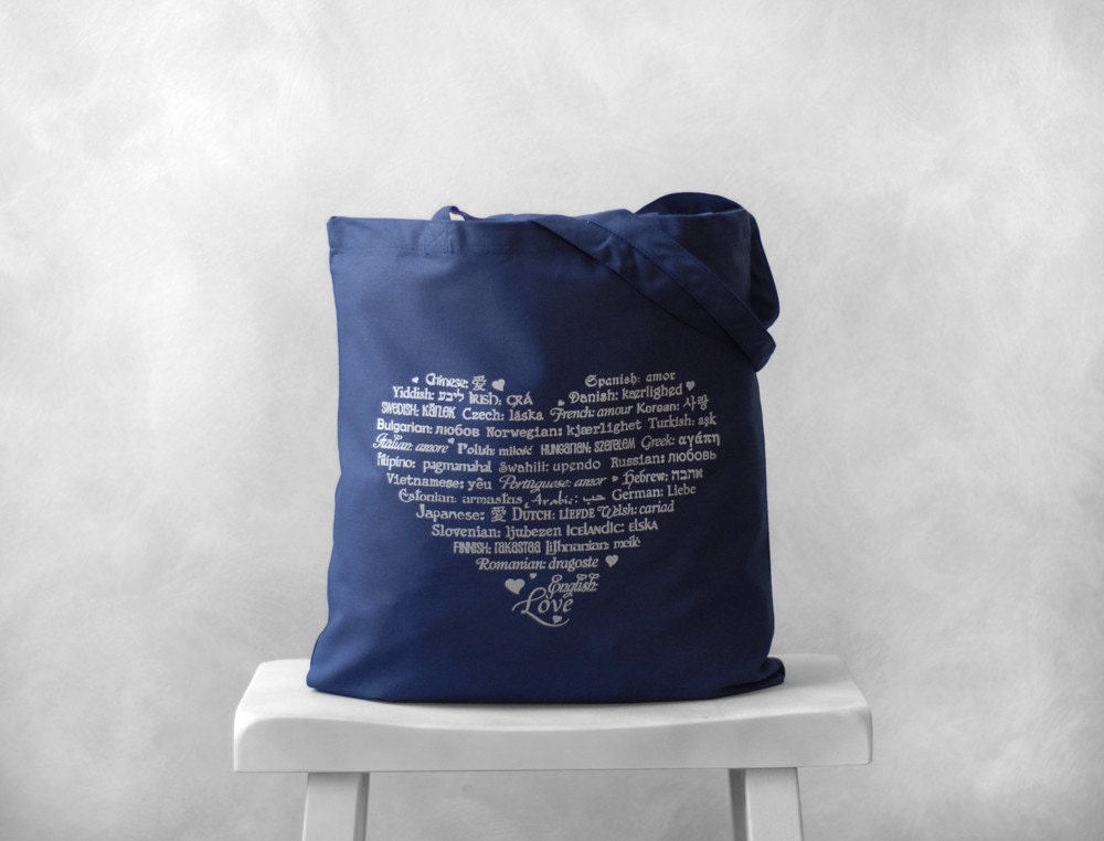 SALE - LOVE Languages Tote Bag - Navy Tote with Silver Ink