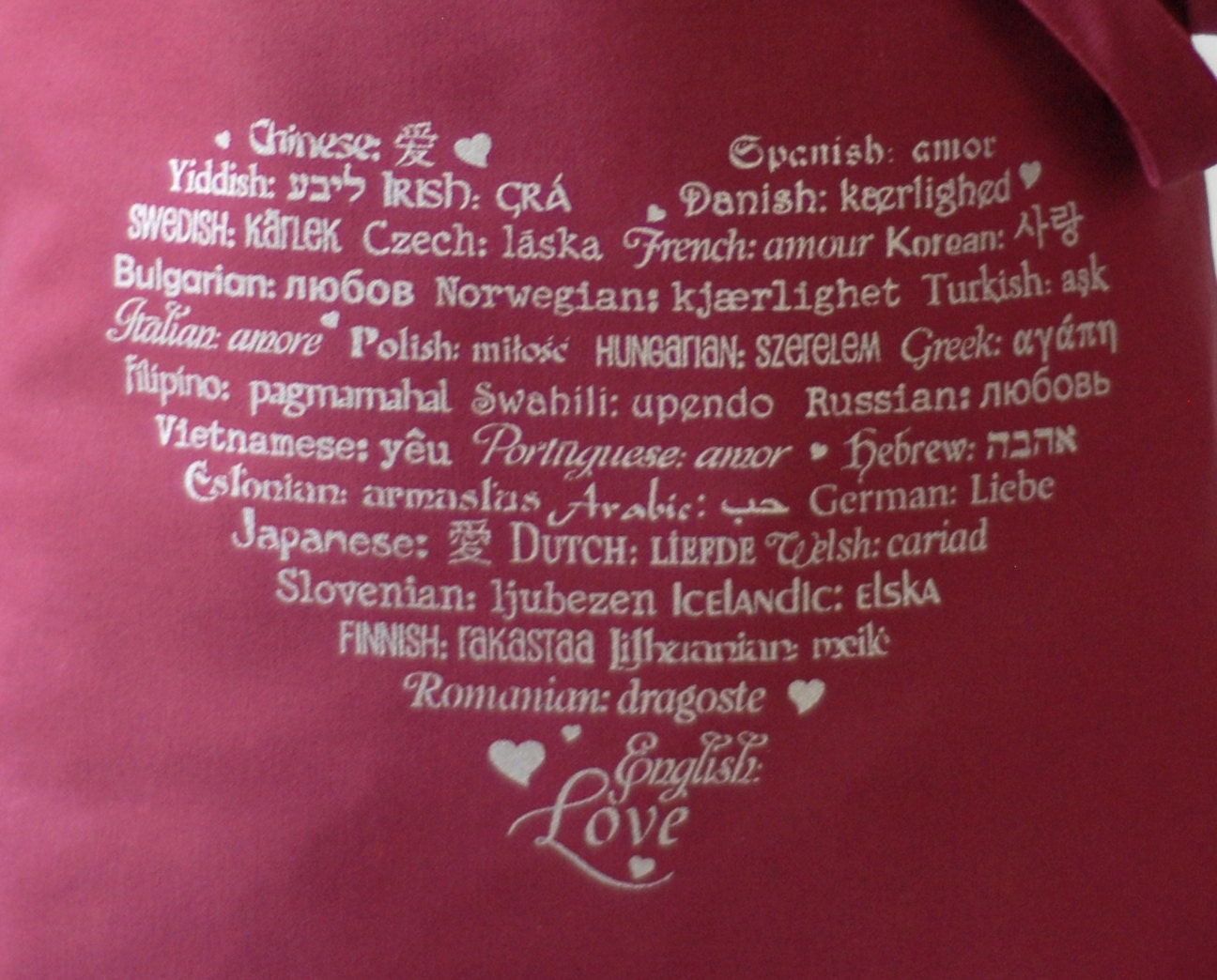 SALE - LOVE Languages Tote Bag - Cranberry Cotton Canvas Bag - Silver Ink