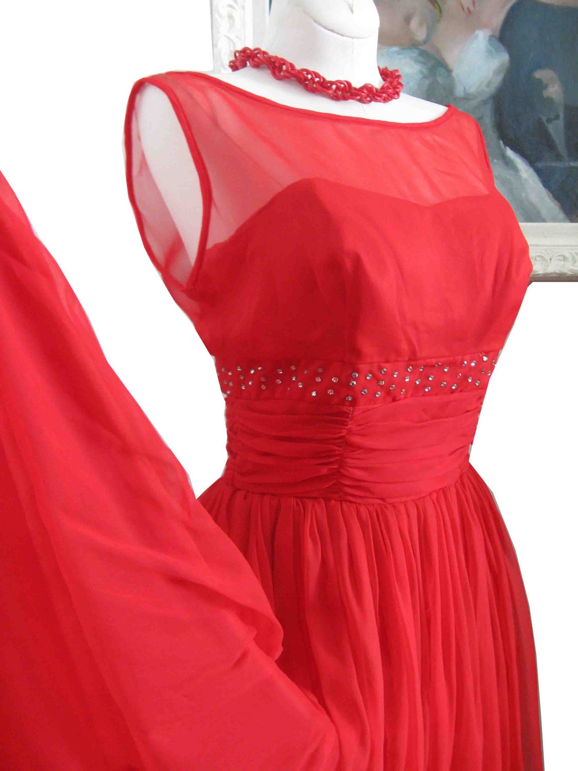 Gorgeous Red Chiffon 1950's  50's Cocktail Party Prom Dress with Rhinestones and Bows